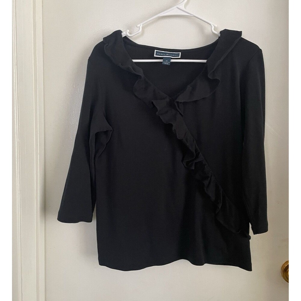 Karen Scott Women's Black Ruffle V-Neck 3/4 Sleeve Pullover Knit Top M